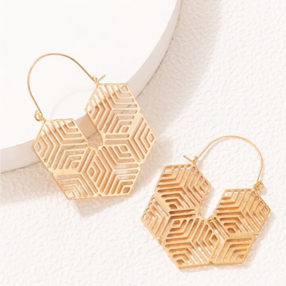 🌸3/$25 🆕 Modern Gold Hoops Geometric Hexagon Statement Large Gold Hoop Earrings